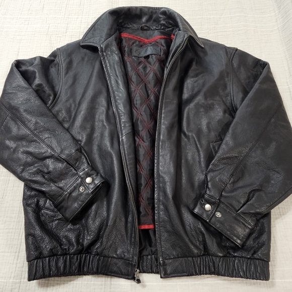 St. John's Bay Black Bomber Leather Jacket With A Zip In Lining Size Large